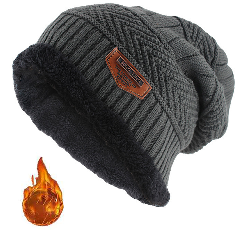 Gorro de punto de cuero para hombres, invierno, con etiqueta, estilo slouchy, forrado de felpa gruesa