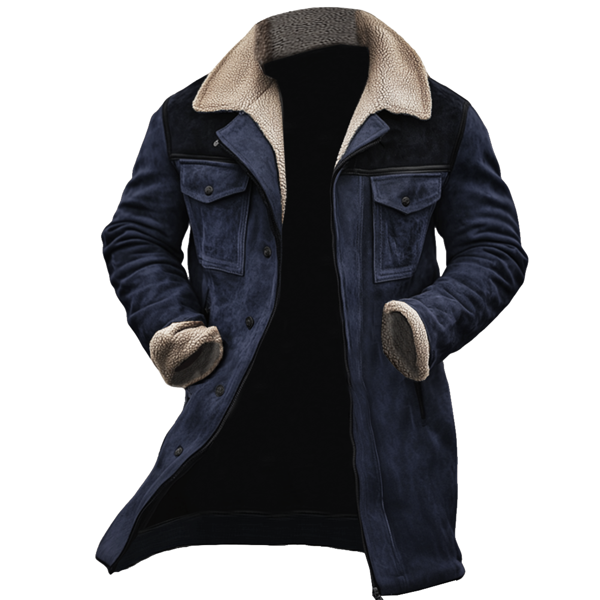Chaqueta de exterior para hombre de piel de cordero de ante vintage con parcheo y múltiples bolsillos, con cuello reverso