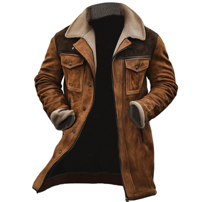 Chaqueta de exterior para hombre de piel de cordero de ante vintage con parcheo y múltiples bolsillos, con cuello reverso