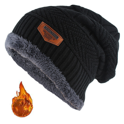 Gorro de punto de cuero para hombres, invierno, con etiqueta, estilo slouchy, forrado de felpa gruesa