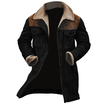 Chaqueta de exterior para hombre de piel de cordero de ante vintage con parcheo y múltiples bolsillos, con cuello reverso
