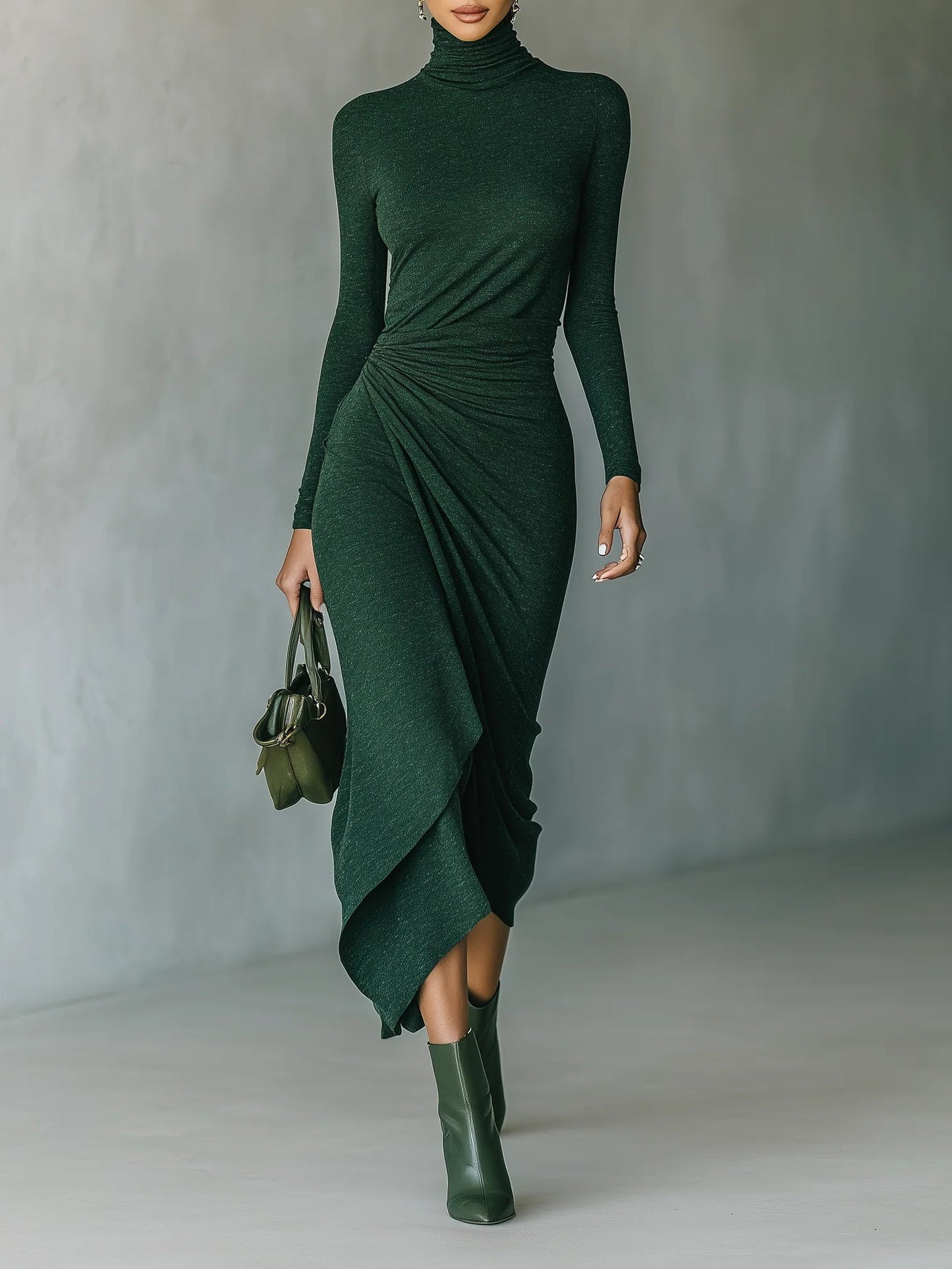 Lenora™ - Vestido midi envolvente asimétrico con pliegues y cuello alto verde oscuro