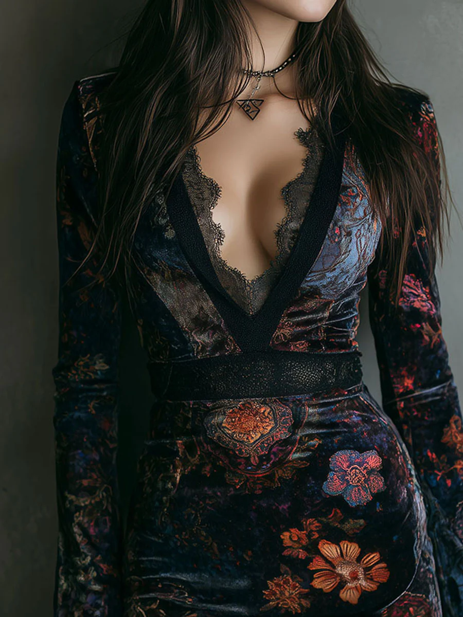 Grazia™ - Vestido Mini de Terciopelo con Estampado Floral y Encaje