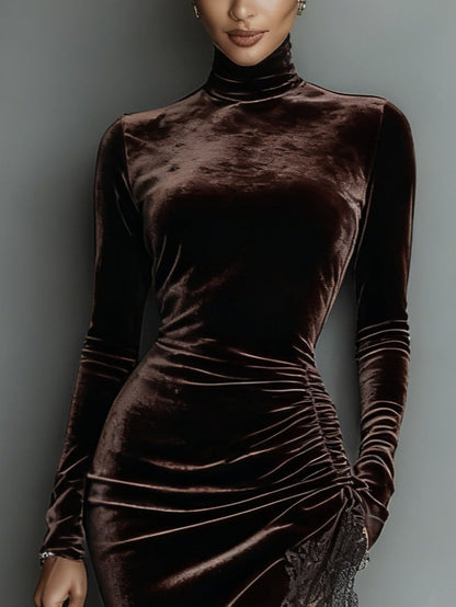 Isabella™ - Vestido Maxi Ajustado en Terciopelo Chocolate con dobladillo Irregular de Encaje