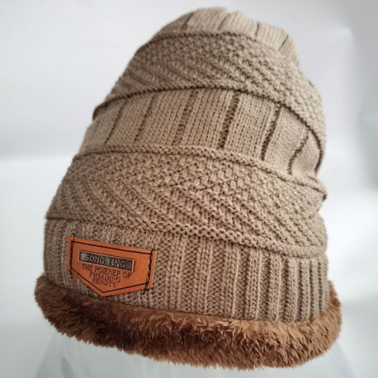 Gorro de punto de cuero para hombres, invierno, con etiqueta, estilo slouchy, forrado de felpa gruesa