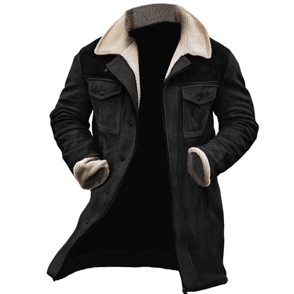 Chaqueta de exterior para hombre de piel de cordero de ante vintage con parcheo y múltiples bolsillos, con cuello reverso