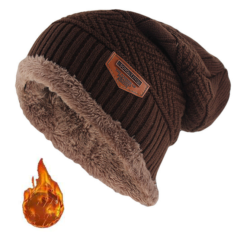 Gorro de punto de cuero para hombres, invierno, con etiqueta, estilo slouchy, forrado de felpa gruesa