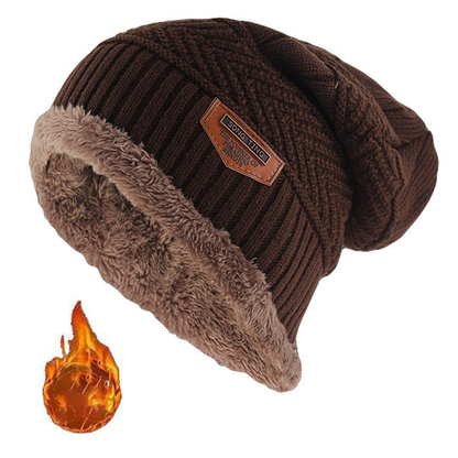 Gorro de punto de cuero para hombres, invierno, con etiqueta, estilo slouchy, forrado de felpa gruesa