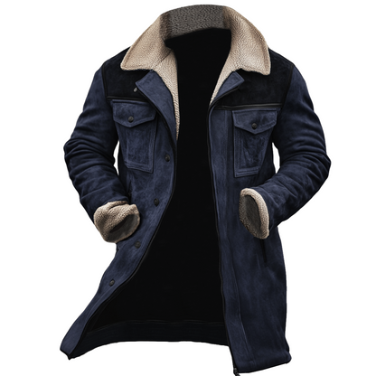 Chaqueta de exterior para hombre de piel de cordero de ante vintage con parcheo y múltiples bolsillos, con cuello reverso