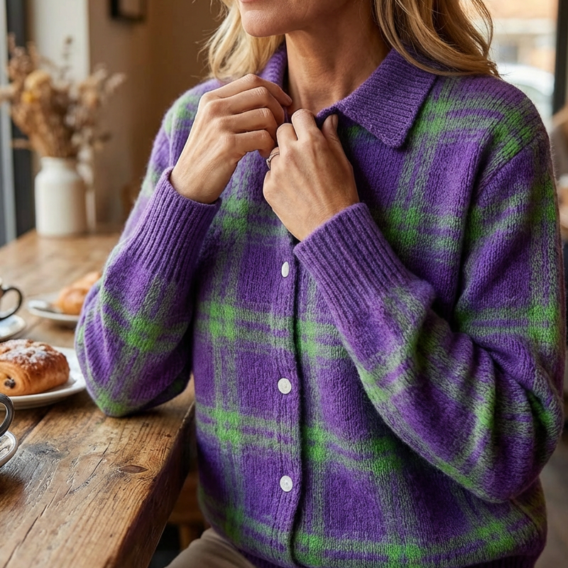 Cárdigan de mujer con estampado de cuadros y botones