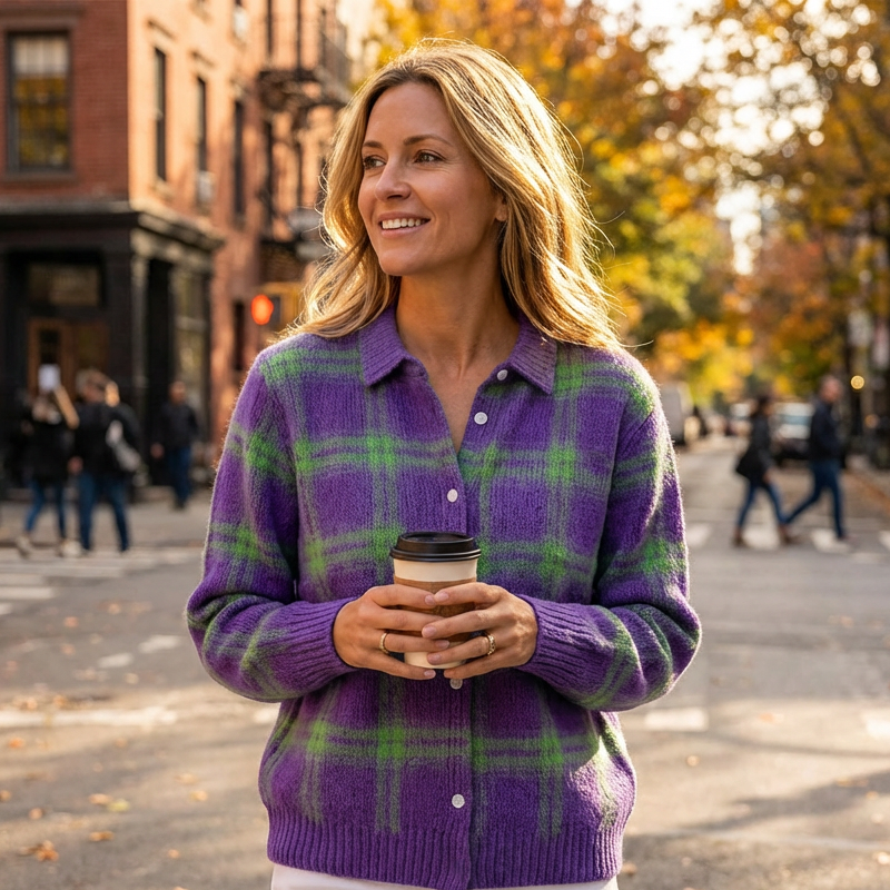 Cárdigan de mujer con estampado de cuadros y botones